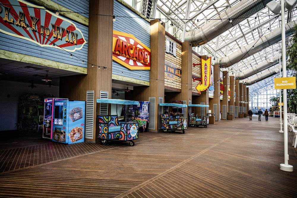 Tuscan Wood Plank corridor at Island Waterpark — mimicking the Atlantic City Boardwalk
