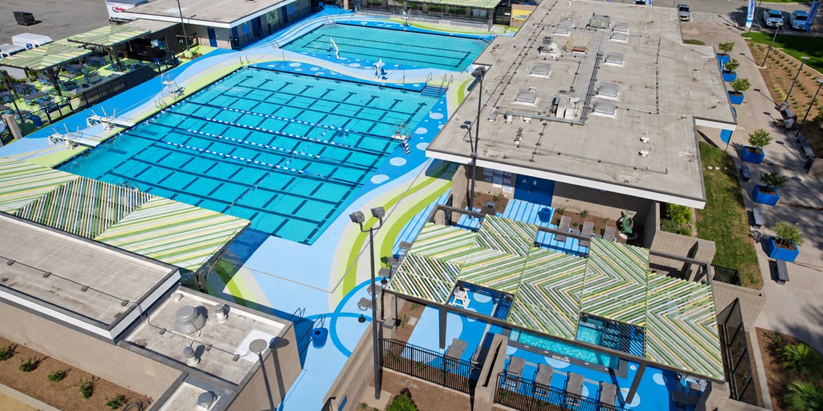 Bird's-eye view of the six-color water flow pattern at the Paul T. Nakamura Regional Aquatic Center
