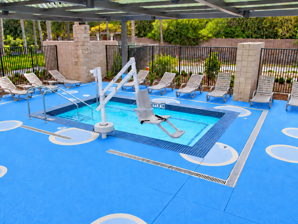 Blue pool deck with circle design transferred from CAD files